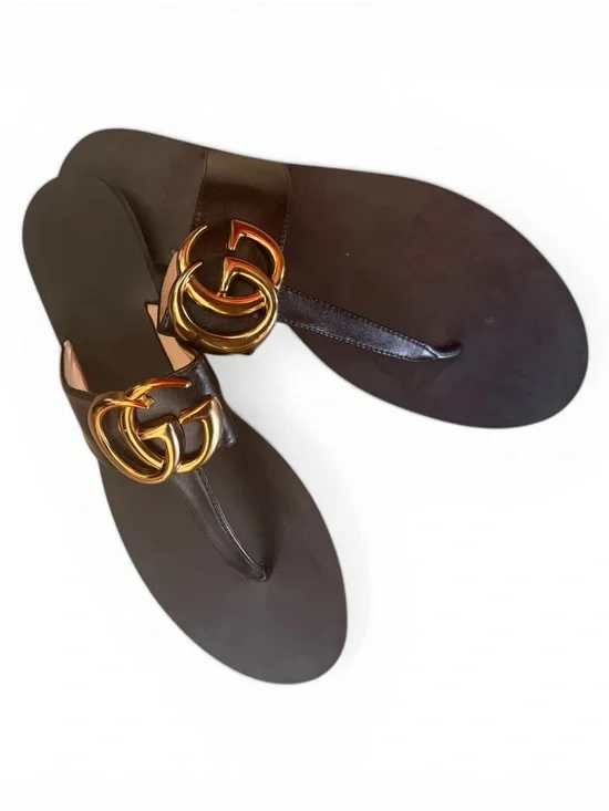 Gucci Black Leather GG Interlocking Logo Thong Sandals New euro 37 - Picture 2 of 4